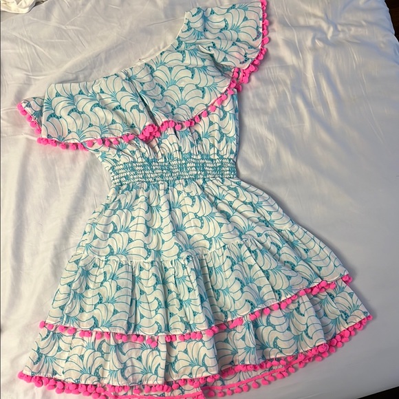 Lilly Pulitzer Addilyn One Shoulder Dress Blue Tropical Swirl Eyelet S - Picture 3 of 8